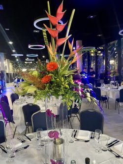 Tropical Flower display for tablecentre piece with orchid in vase